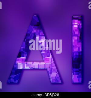 Abstract purple A and I mosaic sculpture with neon glow and geometric 3d texture effect Stock Photo