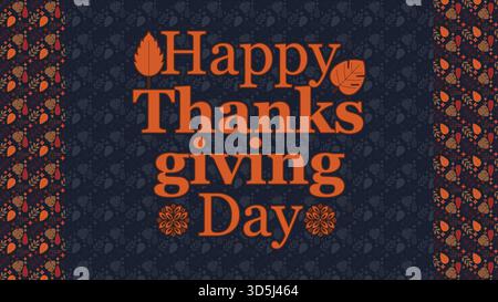 Happy Thanksgiving text on dark blue background with autumn leaves border, vector holiday greeting card banner Stock Vector