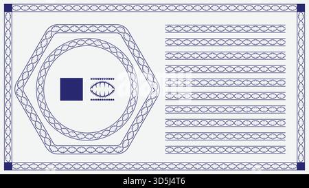 Set of blue geometric border frames and seamless pattern brushes, vector certificate design elements Stock Vector
