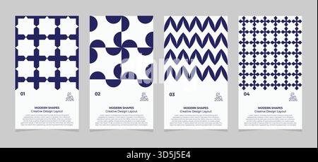 Set of 4 modern blue geometric poster templates 2026, vector vertical creative design layouts with abstract patterns Stock Vector