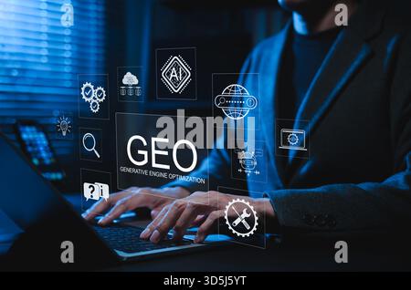 GEO Generative Engine Optimization Concept. Professional using laptop with AI icons represents advanced SEO tech, AI search, website strategy, Stock Photo