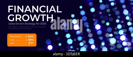 Financial growth, fintech analytics BG, trading market. Hexagon columns rising for dashboard, report, pitch slide, forum web banner, presentation Stock Vector