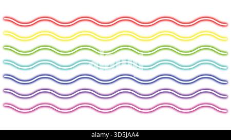 Set of colorful neon wavy lines isolated on white, vector glowing rainbow zigzag borders for design elements Stock Vector