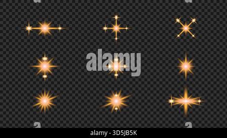 Set of gold glowing stars and lens flares, vector light effect sparkles isolated on transparent background Stock Vector