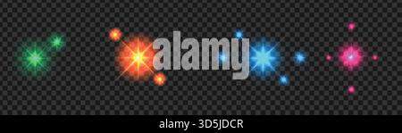 Set of colorful glowing stars and lens flares, vector light effect sparkles in green orange blue and pink Stock Vector