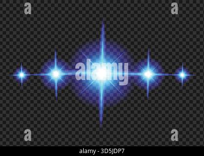 Blue glowing stars and lens flare light effect, vector horizontal sparkle row on transparent background Stock Vector