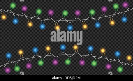 Colorful holiday string lights garland on transparent background, vector Christmas decoration borders Stock Vector
