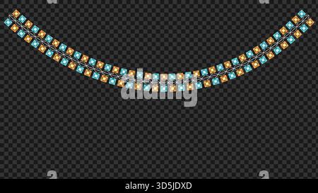 Blue and orange square string lights garland on a transparent background, vector holiday decoration border Stock Vector