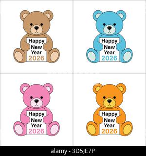 Set of cute cartoon teddy bears holding Happy New Year 2026 signs, vector holiday greeting illustration isolated Stock Vector