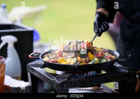 Close-up of a chef standing in a garden wearing black Nitrile gloves cooking assorted fresh vegetables in a frying pan on a gas hob Stock Photo