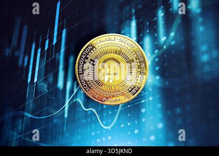 KYIV, UKRAINE - OCTOBER 9, 2025 Polkadot cryptocurrency coin sticker on blue candles chart banner. Concept of modern crypto money Stock Photo