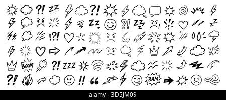 Hand drawn comic art doodle set with cartoon emoticons, arrows, hearts, clouds, and expressive marks, perfect for creative design projects, isolated on white background vector illustration Stock Vector