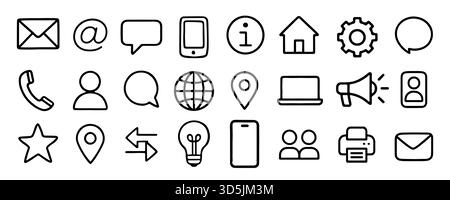 Essential hand drawn doodle icons for communication, business, and contact, including mail, phone, chat, and web symbols, isolated on white background vector illustration Stock Vector