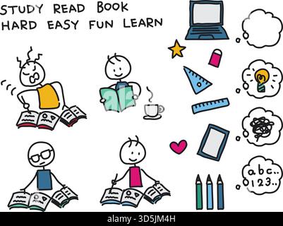 Hand-Drawn Doodle Set of Student Learning and Study Concepts Stock Vector