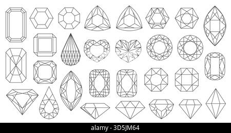 Collection of various diamond and gemstone line doodle shapes, including hearts, ovals, rounds, and geometric cuts, isolated on white background vector illustration Stock Vector