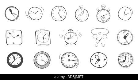 Collection of hand drawn clock doodles featuring various timepieces, alarm clocks, and timers, ideal for creative projects and time concepts, isolated on white background vector illustration Stock Vector
