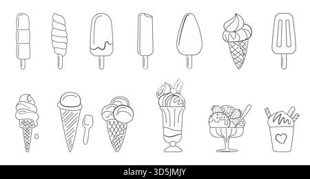 Collection of hand drawn ice cream doodles including cones, popsicles, sundaes, and desserts, outlined in black, isolated on white background vector illustration Stock Vector