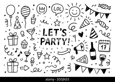 Fun party doodle set with balloons, gifts, hats, confetti, food, drinks, and festive icons for invitations, flyers, or posters isolated on white background vector illustration Stock Vector