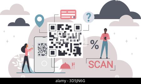 Modern QR code with cloud background showing digital scanning, mobile payment, and contactless access for business, restaurant, or information sharing vector illustration Stock Vector