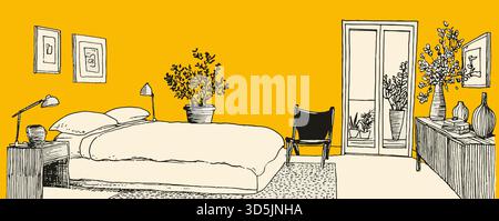 A bedroom with a yellow wall and a bed with a white comforter. There are two potted plants on the bedside table Stock Vector