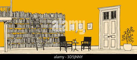 A room with a yellow wall and a large bookcase. There are two chairs in the room, one on the left and one on the right Stock Vector