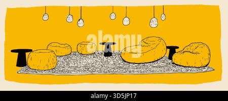 A cartoonish drawing of a room with a yellow background and a variety of furniture including chairs, tables, and pillows Stock Vector