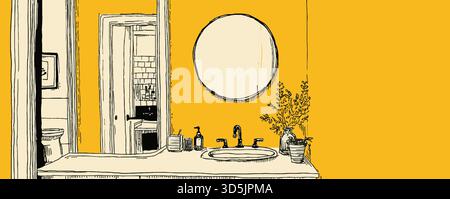 A bathroom with a yellow wall and a mirror. The mirror is round and has a plant in it Stock Vector