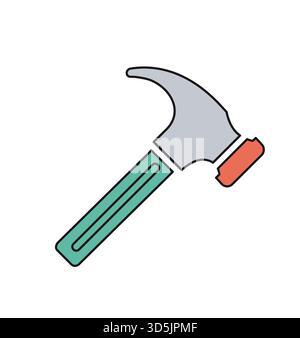 Claw hammer with green handle and red impact area. Representing carpentry, handyman work, and home improvement tasks Stock Vector