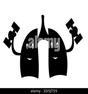lungs pair holding dumb bells exercise gym object on hands character funny concept of exercise for lung health silhouette Stock Vector