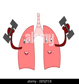 lungs pair holding dumb bells exercise gym object on hands character funny concept of exercise for lung health Stock Vector