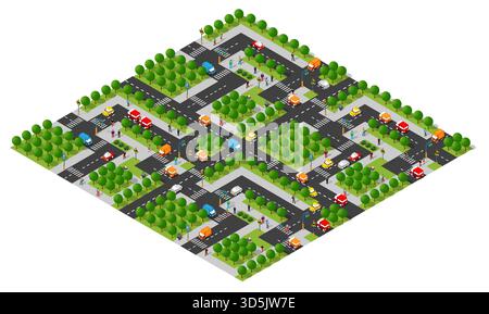 Isometric urban landscape showing vehicles and people navigating city roads, surrounded by green trees and park areas Stock Vector
