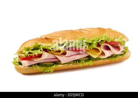 Baked bread filled with meats, Fresh baguette sandwich packed with assorted fillings and vegetables Stock Photo