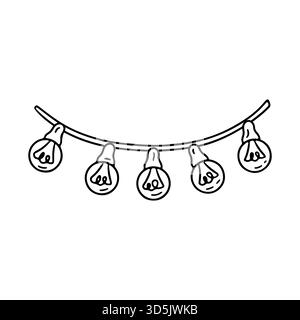 Hand drawn doodle hygge garland light with round bulbs clipart vector illustration. Cozy domestic christmas lamp line art Stock Vector