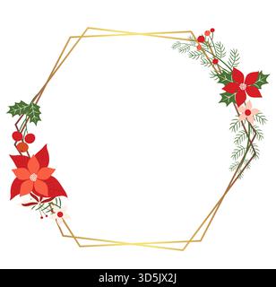 Gold floral border with poinsettia and branches with needles, vector geometric frame for Christmas designs Stock Vector