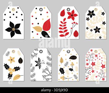 Set of floral Christmas gift tags or labels with foliage - poinsettia leaves, branches, flowers, berries Stock Vector
