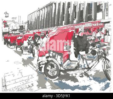 Sketch-style impressionnist painting,Chinese tricycle rickshaw,Digital illustration vector image Stock Vector
