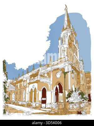 Sketch-style impressionnist painting,Christian Church,Holy Rosary Church in Bangkok, Thailand,Digital illustration vector image Stock Vector
