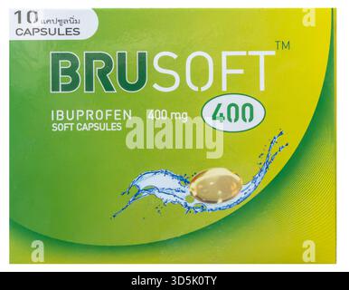 box of Brusoft Ibuprofen 400 mg soft capsules Stock Photo
