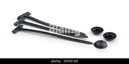 Several modern plastic zip ties isolated on white. Stock Photo