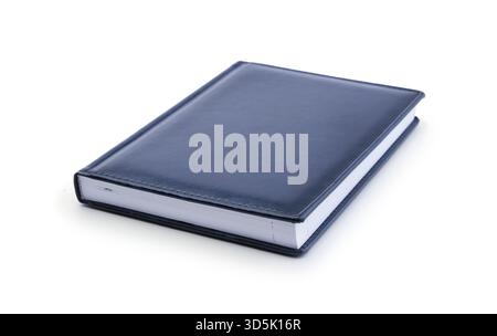 New closed blue diary isolated on white. Stock Photo