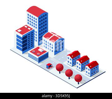 Isometric city view showing modern buildings, houses, street, car, and trees, representing urban development Stock Vector