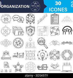 Organization, teamwork, business management outline icons collection Vector Stock Vector