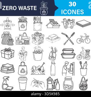Zero waste eco-friendly sustainable lifestyle outline icons set Vector Stock Vector