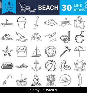 Beach vacation and summer activity line icons set. vector graphics. Vector Stock Vector