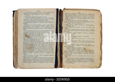 Antique book with unfolded pages of an old, worn, and torn book with text. Paper texture isolated on a white background. Stock Photo