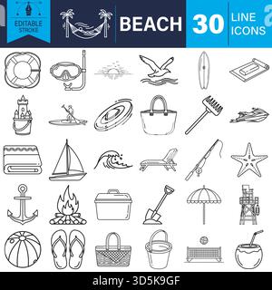 Beach vacation and summer activity line icons set. vector graphics. Vector Stock Vector