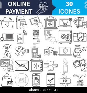 Mobile banking, online payment, e-commerce, and finance line icons Vector Stock Vector
