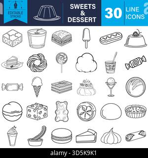Editable stroke line art icons of sweets and desserts for menus. Vector Stock Vector