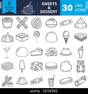 Editable stroke line art icons of sweets and desserts for menus. Vector Stock Vector