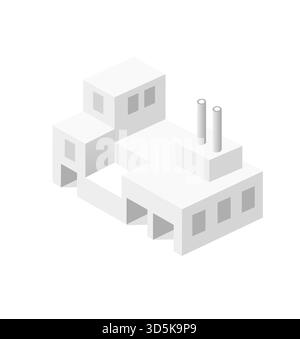 Minimalist isometric illustration of a factory building with chimneys, depicting industrial manufacturing and technological production Stock Vector